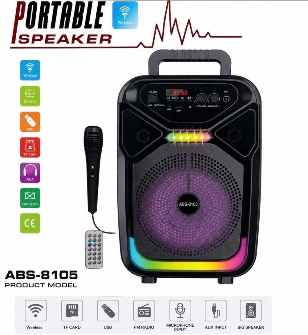 ABS-8105 Portable Bluetooth Karoeke Speaker with Microphone, RGB lights, FM Radi